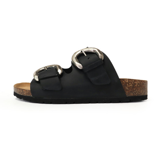 TINO BELLINI 貝里尼 歐洲進口 BIONATURA 腳床舒適鞋 真皮 雙飾扣造型 軟木軟底 拖鞋 FSQB008-1(黑色)