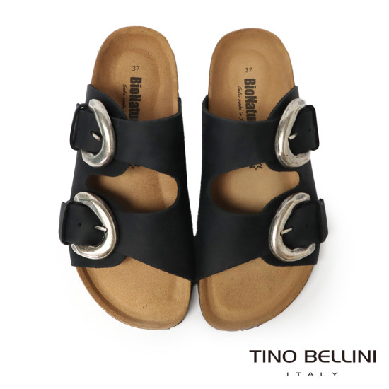 TINO BELLINI 貝里尼 歐洲進口 BIONATURA 腳床舒適鞋 真皮 雙飾扣造型 軟木軟底 拖鞋 FSQB008-1(黑色)