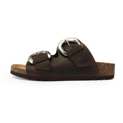 TINO BELLINI 貝里尼 歐洲進口 BIONATURA 腳床舒適鞋 真皮 雙飾扣造型 軟木軟底 拖鞋 FSQB008-6(咖色)