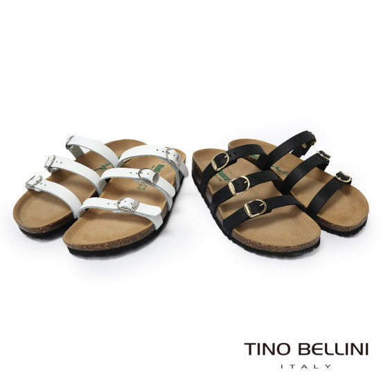 TINO BELLINI 貝里尼 歐洲進口 BIONATURA 腳床舒適鞋 真皮 3飾扣 細帶造型 軟木軟底 拖鞋 FSQB011-0(白色)