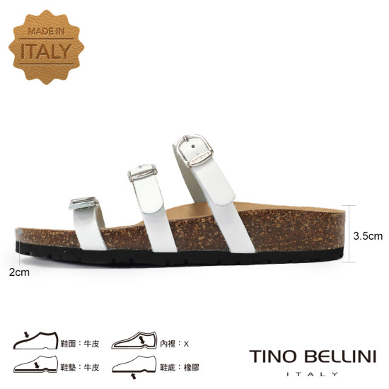 TINO BELLINI 貝里尼 歐洲進口 BIONATURA 腳床舒適鞋 真皮 3飾扣 細帶造型 軟木軟底 拖鞋 FSQB011-0(白色)