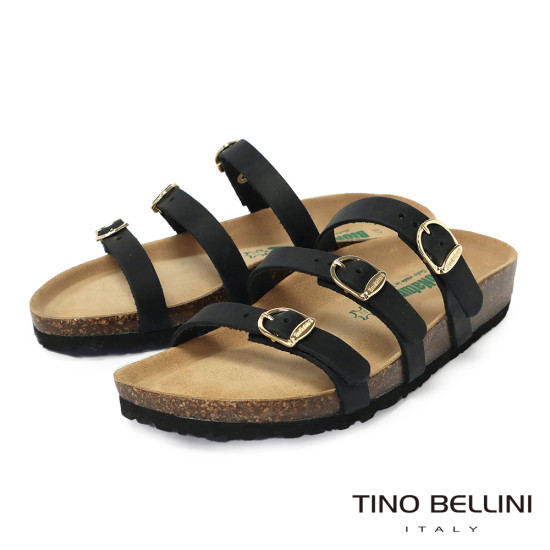 TINO BELLINI 貝里尼 歐洲進口 BIONATURA 腳床舒適鞋 真皮 3飾扣 細帶造型 軟木軟底 拖鞋 FSQB011-1(黑色)