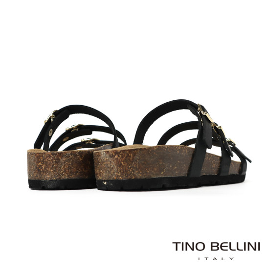 TINO BELLINI 貝里尼 歐洲進口 BIONATURA 腳床舒適鞋 真皮 3飾扣 細帶造型 軟木軟底 拖鞋 FSQB011-1(黑色)