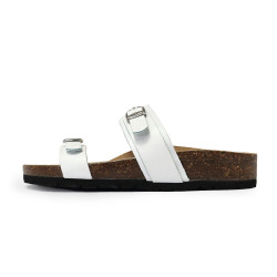 TINO BELLINI 貝里尼 歐洲進口 BIONATURA 腳床舒適鞋 真皮 雙飾扣 粗細帶造型 軟木軟底 拖鞋 FSQB012-0(白色)