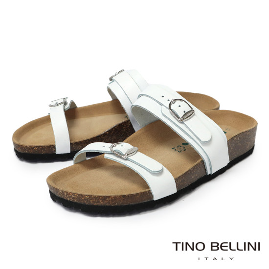 TINO BELLINI 貝里尼 歐洲進口 BIONATURA 腳床舒適鞋 真皮 雙飾扣 粗細帶造型 軟木軟底 拖鞋 FSQB012-0(白色)