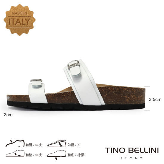 TINO BELLINI 貝里尼 歐洲進口 BIONATURA 腳床舒適鞋 真皮 雙飾扣 粗細帶造型 軟木軟底 拖鞋 FSQB012-0(白色)
