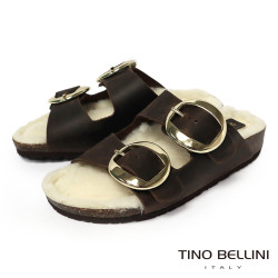 TINO BELLINI 貝里尼 歐洲進口 BIONATURA 腳床舒適鞋 保暖羊毛 雙飾扣造型 軟木軟底 拖鞋 FSQB013-6(咖色)