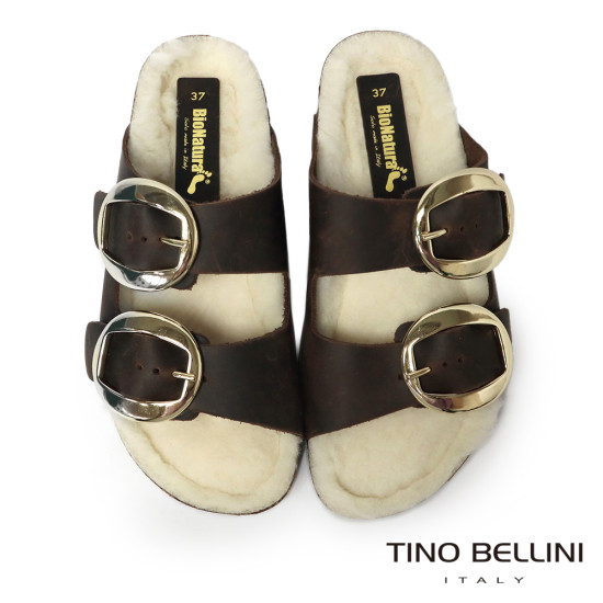 TINO BELLINI 貝里尼 歐洲進口 BIONATURA 腳床舒適鞋 保暖羊毛 雙飾扣造型 軟木軟底 拖鞋 FSQB013-6(咖色)