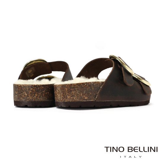 TINO BELLINI 貝里尼 歐洲進口 BIONATURA 腳床舒適鞋 保暖羊毛 雙飾扣造型 軟木軟底 拖鞋 FSQB013-6(咖色)