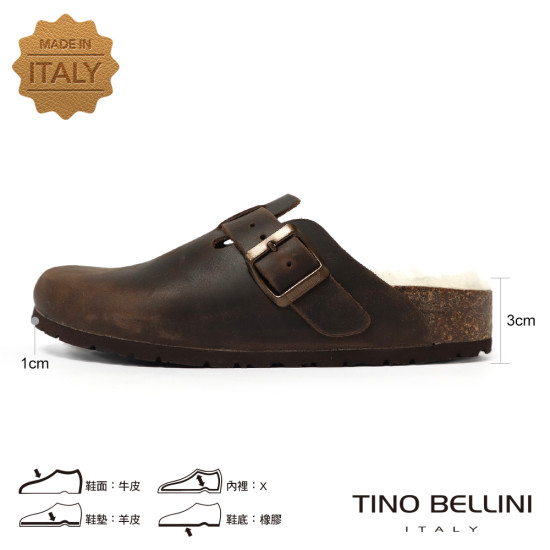 TINO BELLINI 貝里尼 歐洲進口 BIONATURA 腳床舒適鞋 保暖羊毛 經典造型 軟木軟底 拖鞋 FY0B001-6(咖色)
