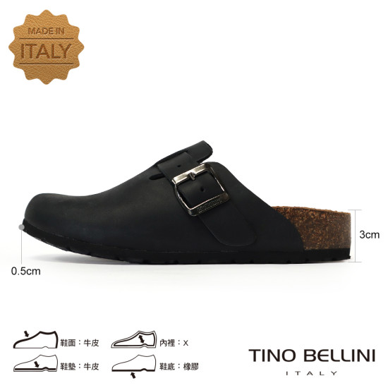 TINO BELLINI 貝里尼 歐洲進口 BIONATURA 腳床舒適鞋 真皮 經典造型 軟木軟底 拖鞋 FZ0B001-1(黑色)