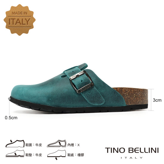 TINO BELLINI 貝里尼 歐洲進口 BIONATURA 腳床舒適鞋 真皮 經典造型 軟木軟底 拖鞋FZ0B001-4(藍色)