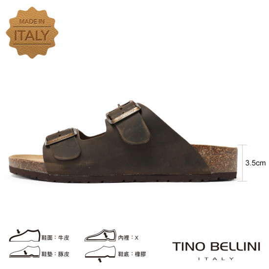 TINO BELLINI 貝里尼 歐洲進口 BIONATURA 腳床舒適鞋 男款 雙飾扣造型 軟木軟底 拖鞋 HM0B002A-6(咖色)