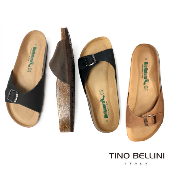 TINO BELLINI 貝里尼 歐洲進口 BIONATURA 腳床舒適鞋 男款 真皮 軟木軟底 拖鞋 HM0B003-6(咖色)
