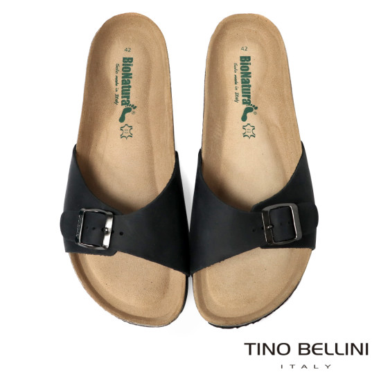 TINO BELLINI 貝里尼 歐洲進口 BIONATURA 腳床舒適鞋 男款 真皮 軟木軟底 拖鞋 HM0B003-U(黑瘋)