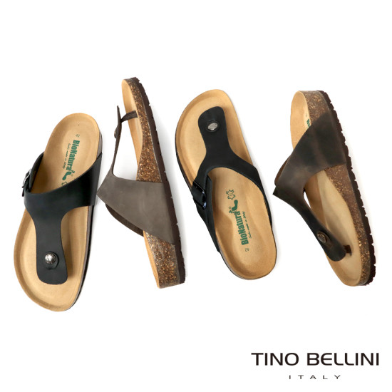 TINO BELLINI 貝里尼 歐洲進口 BIONATURA 腳床舒適鞋 男款 真皮 軟木軟底夾腳涼拖鞋 HM0B004-U(黑瘋)