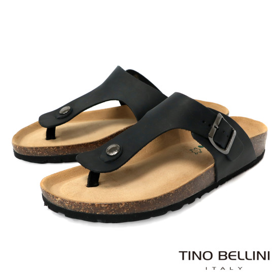 TINO BELLINI 貝里尼 歐洲進口 BIONATURA 腳床舒適鞋 男款 真皮 軟木軟底夾腳涼拖鞋 HM0B004-U(黑瘋)