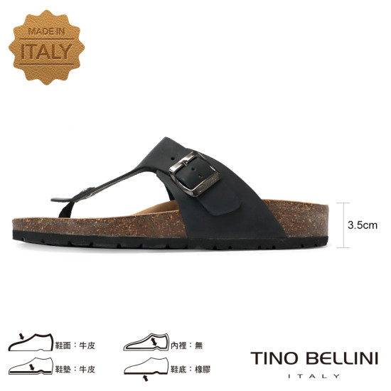 TINO BELLINI 貝里尼 歐洲進口 BIONATURA 腳床舒適鞋 男款 真皮 軟木軟底夾腳涼拖鞋 HM0B004-U(黑瘋)