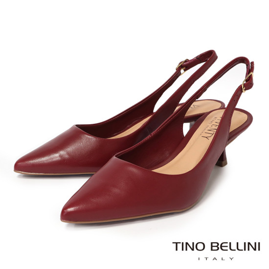 TINO BELLINI 貝里尼 巴西進口 極致簡約真皮尖頭小貓跟露跟鞋FW1V018-A(酒紅色)