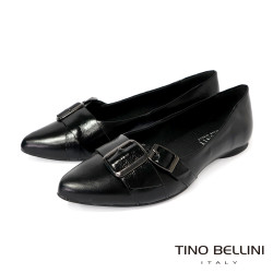 TINO BELLINI 貝里尼 巴西進口 經典復古金屬方扣尖頭平底鞋FWBV042-1(黑色)