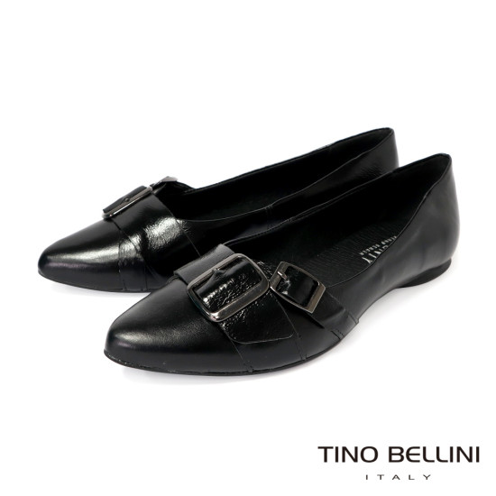 TINO BELLINI 貝里尼 巴西進口 經典復古金屬方扣尖頭平底鞋FWBV042-1(黑色)