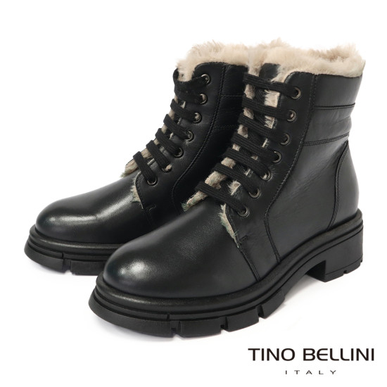 TINO BELLINI 貝里尼 真皮綁帶毛絨極保暖雪靴FWMV019-1(黑色)