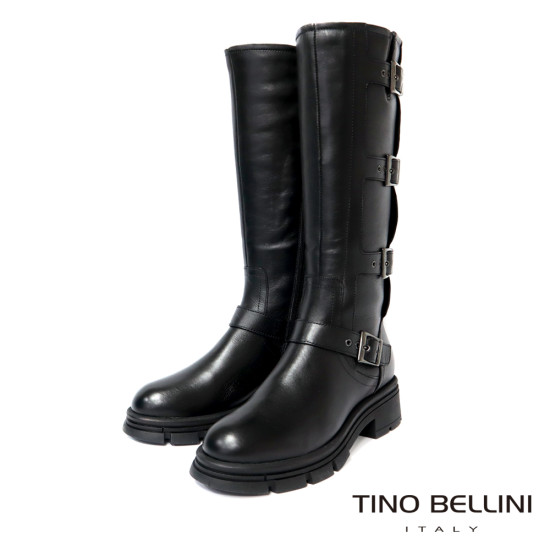 TINO BELLINI 貝里尼 阿爾巴尼亞進口 個性騎士真皮多扣環厚底中筒靴FWWV005-1(黑色)