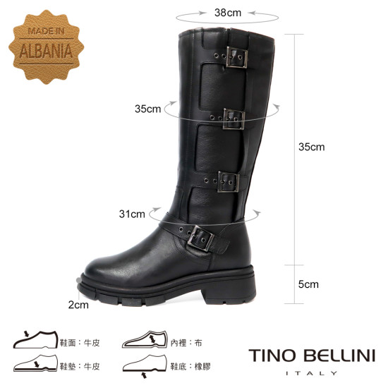 TINO BELLINI 貝里尼 阿爾巴尼亞進口 個性騎士真皮多扣環厚底中筒靴FWWV005-1(黑色)