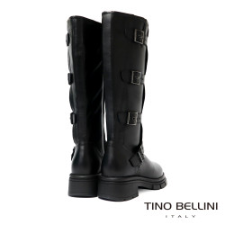 TINO BELLINI 貝里尼 阿爾巴尼亞進口 個性騎士真皮多扣環厚底中筒靴FWWV005-1(黑色)