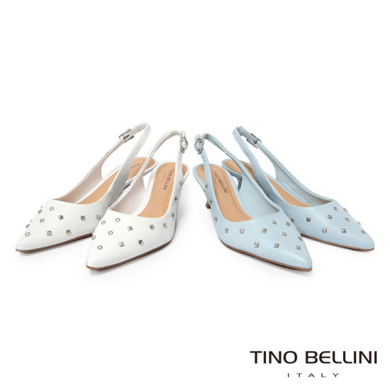 TINO BELLINI 貝里尼 巴西進口個性鉚釘尖頭後扣帶中高跟鞋FS1T011-0(白色)