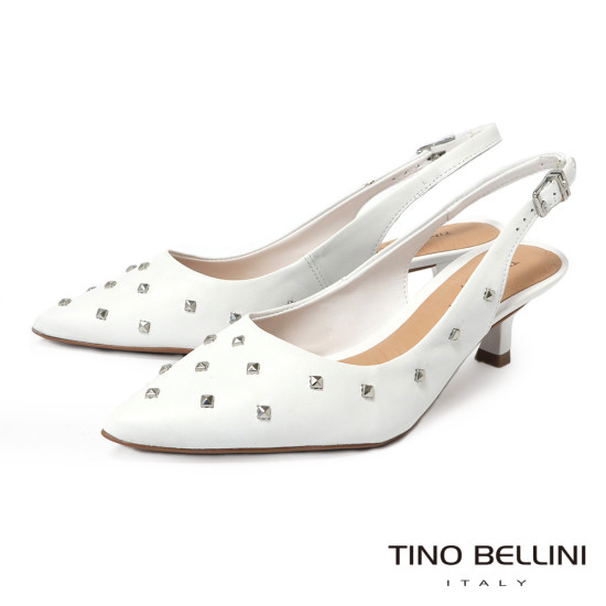 TINO BELLINI 貝里尼 巴西進口個性鉚釘尖頭後扣帶中高跟鞋FS1T011-0(白色)