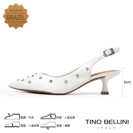 TINO BELLINI 貝里尼 巴西進口個性鉚釘尖頭後扣帶中高跟鞋FS1T011-0(白色)