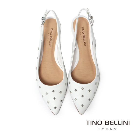 TINO BELLINI 貝里尼 巴西進口個性鉚釘尖頭後扣帶中高跟鞋FS1T011-0(白色)