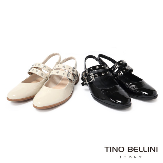 TINO BELLINI 貝里尼 巴西進口甜美個性鉚釘漆皮低跟娃娃鞋FS1T016-1(黑色)