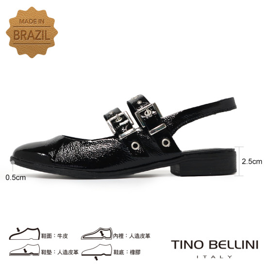TINO BELLINI 貝里尼 巴西進口甜美個性鉚釘漆皮低跟娃娃鞋FS1T016-1(黑色)