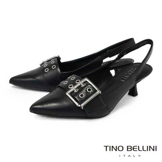 TINO BELLINI 貝里尼 巴西進口率性釦飾造型尖頭後扣帶低跟鞋FS1V004-1(黑色)