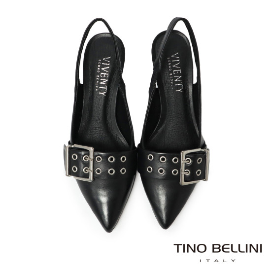 TINO BELLINI 貝里尼 巴西進口率性釦飾造型尖頭後扣帶低跟鞋FS1V004-1(黑色)