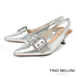 TINO BELLINI 貝里尼 巴西進口率性釦飾造型尖頭後扣帶低跟鞋FS1V005-D(銀色)
