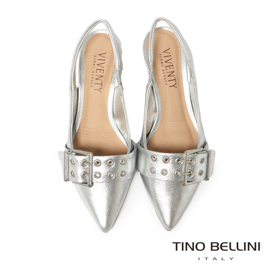 TINO BELLINI 貝里尼 巴西進口率性釦飾造型尖頭後扣帶低跟鞋FS1V005-D(銀色)