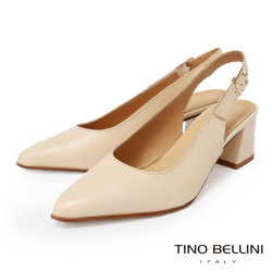 TINO BELLINI 貝里尼 巴西進口尖頭素面後繫帶粗跟鞋FS1V006-3(米色)