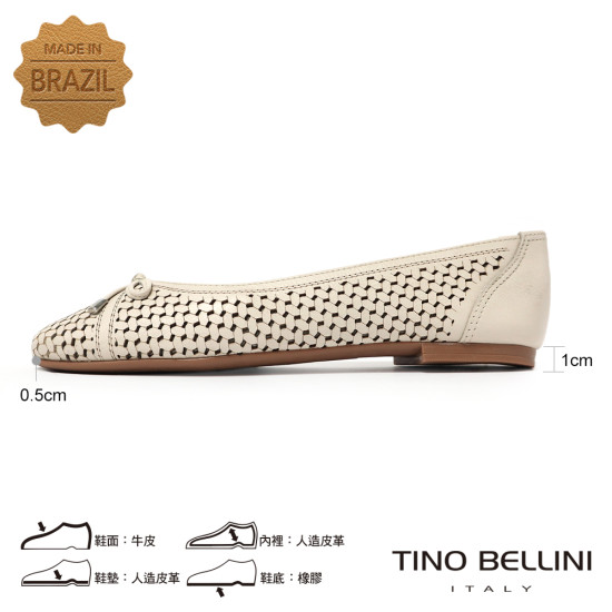 TINO BELLINI 貝里尼 巴西進口氣質鏤空雕刻編織造型透氣平底娃娃鞋FSBT026-0(白色)