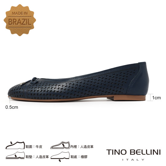 TINO BELLINI 貝里尼 巴西進口氣質鏤空雕刻編織造型透氣平底娃娃鞋FSBT026-4(藍色)