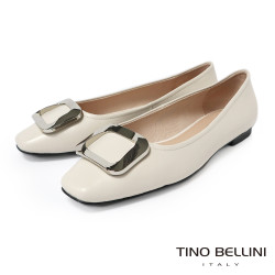 TINO BELLINI 貝里尼 進口羊皮簡約方型飾釦娃娃鞋芭蕾舞鞋FSBV026-0(白色)