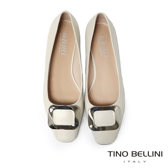 TINO BELLINI 貝里尼 進口羊皮簡約方型飾釦娃娃鞋芭蕾舞鞋FSBV026-0(白色)