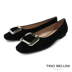TINO BELLINI 貝里尼 進口羊皮簡約方型飾釦娃娃鞋芭蕾舞鞋FSBV026-1(黑色)