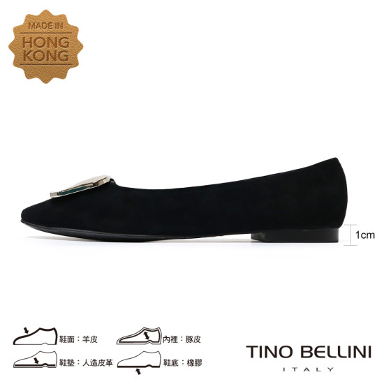 TINO BELLINI 貝里尼 進口羊皮簡約方型飾釦娃娃鞋芭蕾舞鞋FSBV026-1(黑色)