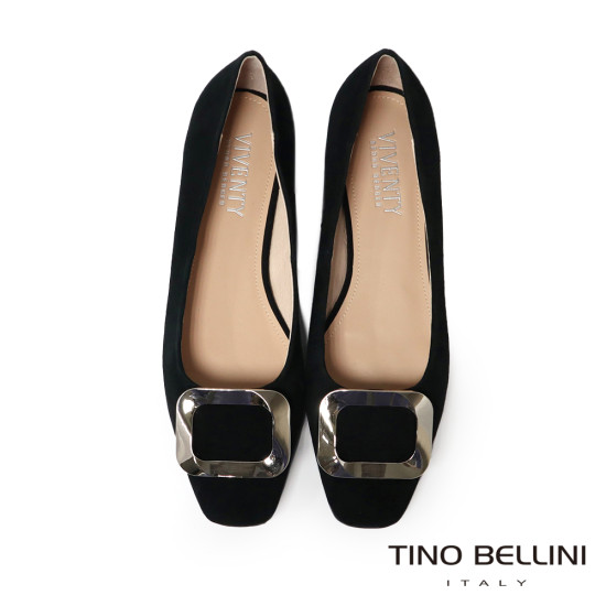 TINO BELLINI 貝里尼 進口羊皮簡約方型飾釦娃娃鞋芭蕾舞鞋FSBV026-1(黑色)