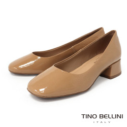 TINO BELLINI 貝里尼 巴西進口復古典雅圓頭漆皮粗跟鞋FSCT019-3(米色)