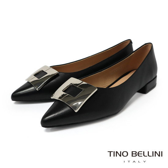 TINO BELLINI 貝里尼 進口羊皮尖頭金屬飾釦平底娃娃鞋FSCT020-1(黑色)