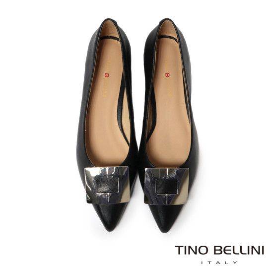 TINO BELLINI 貝里尼 進口羊皮尖頭金屬飾釦平底娃娃鞋FSCT020-1(黑色)